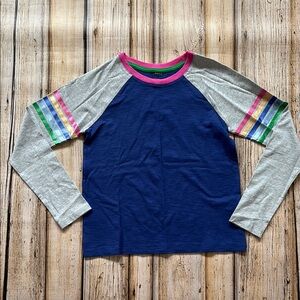 Mini Boden Navy and Gray Raglan Tee with Striped Sleeves
